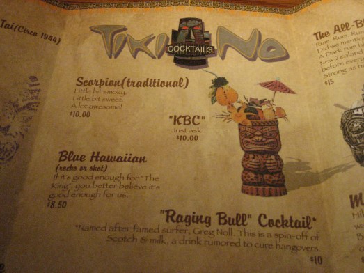 Tiki No drink menu